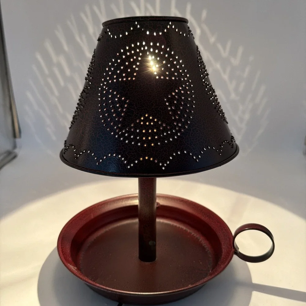 Primitive Country Lamp Chamberstick W/Punched Tin Star Shade